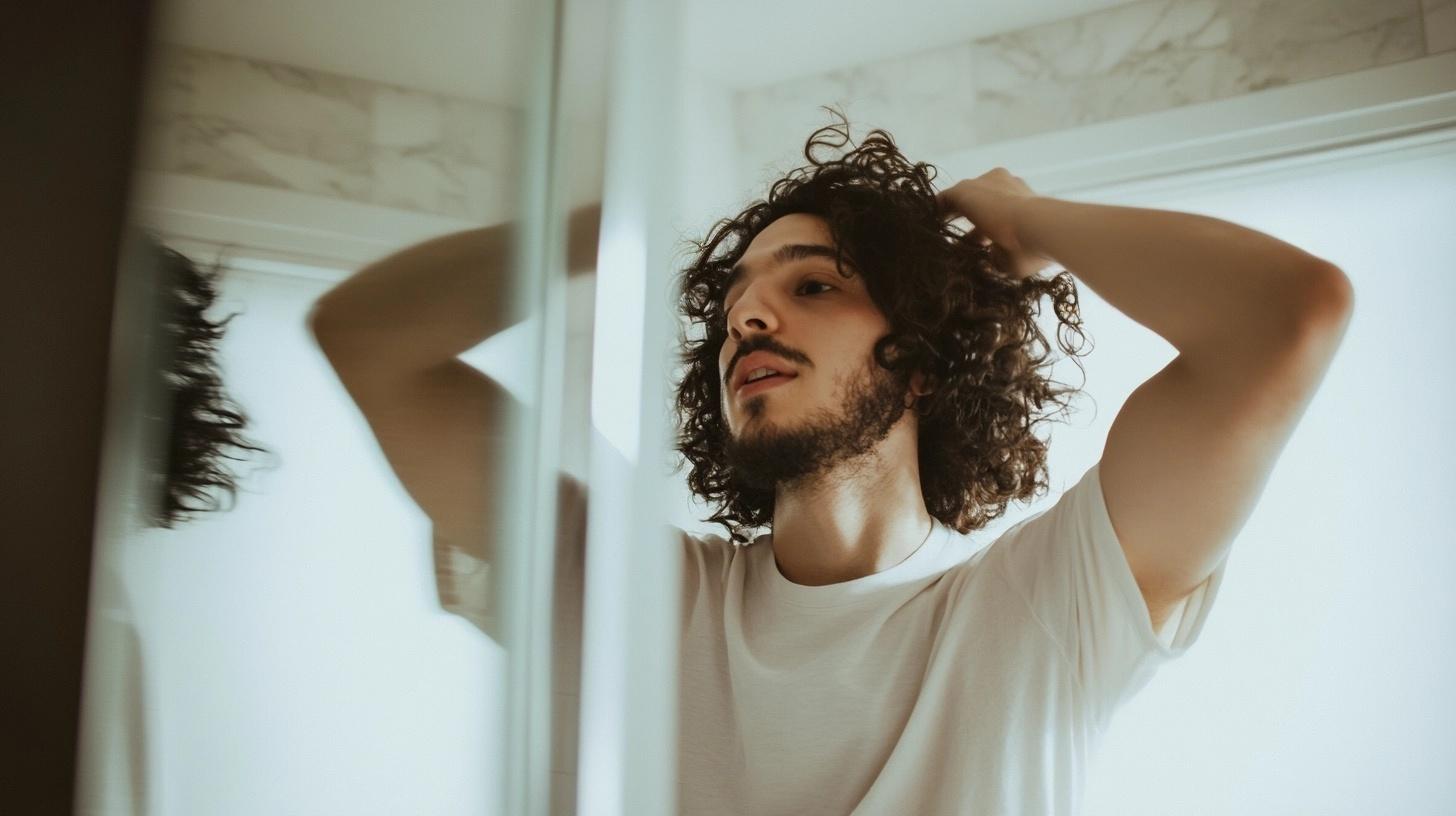 Man fixing his hair as a morning routine after a good night's sleep.
