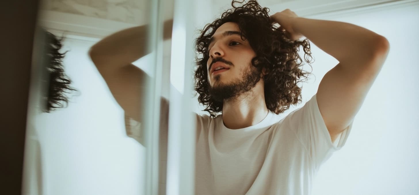 Man fixing his hair as a morning routine after a good night's sleep.
