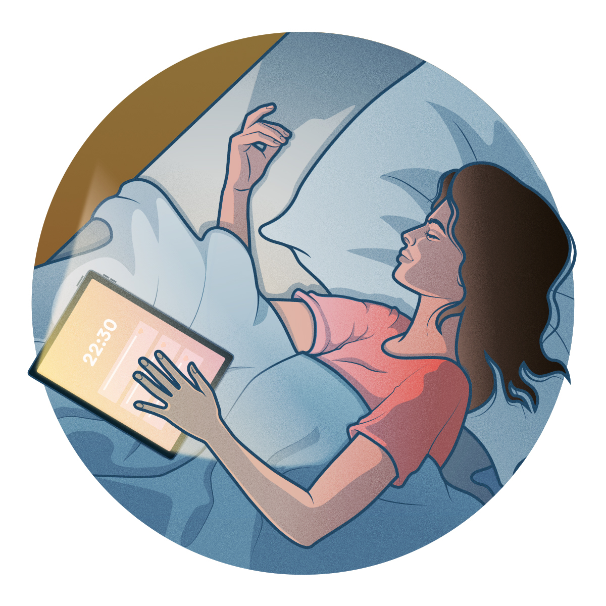 visual of a woman in bed with her tablet on.